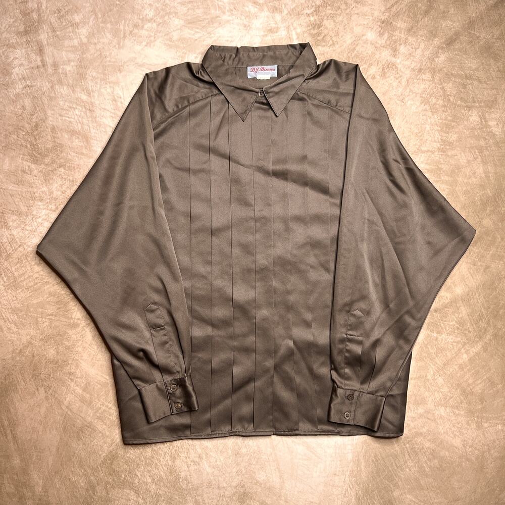 Vintage 80s D.J Davies Brown Satin Pleated Button Up Shirt Long Sleeve Disco